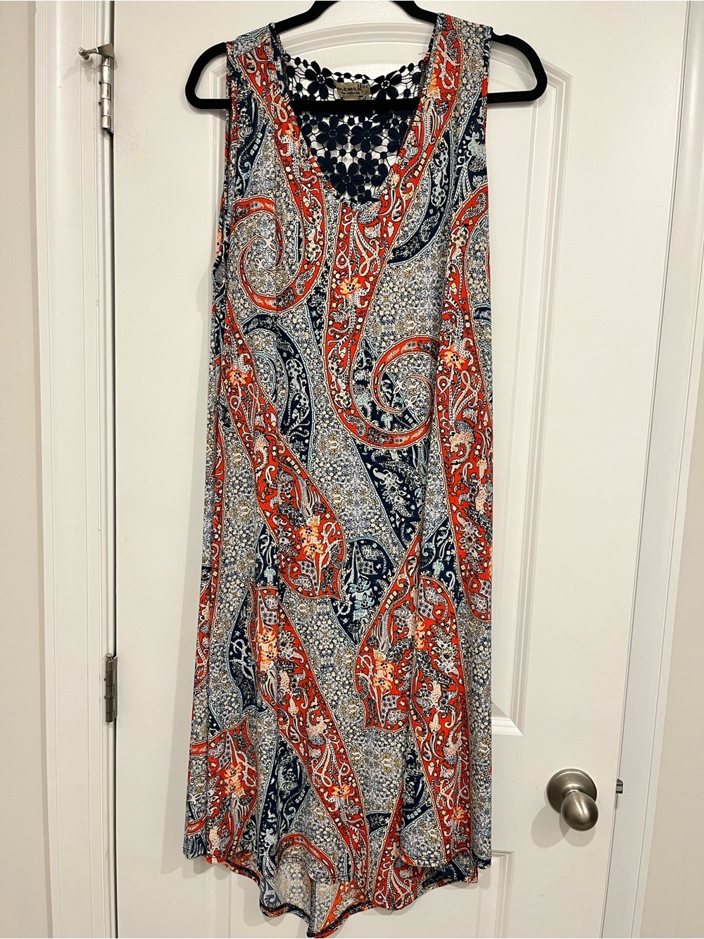 One World Sleeveless Maxi Dress Blue Paisley Stretch Boho Lace Back Panel 2X